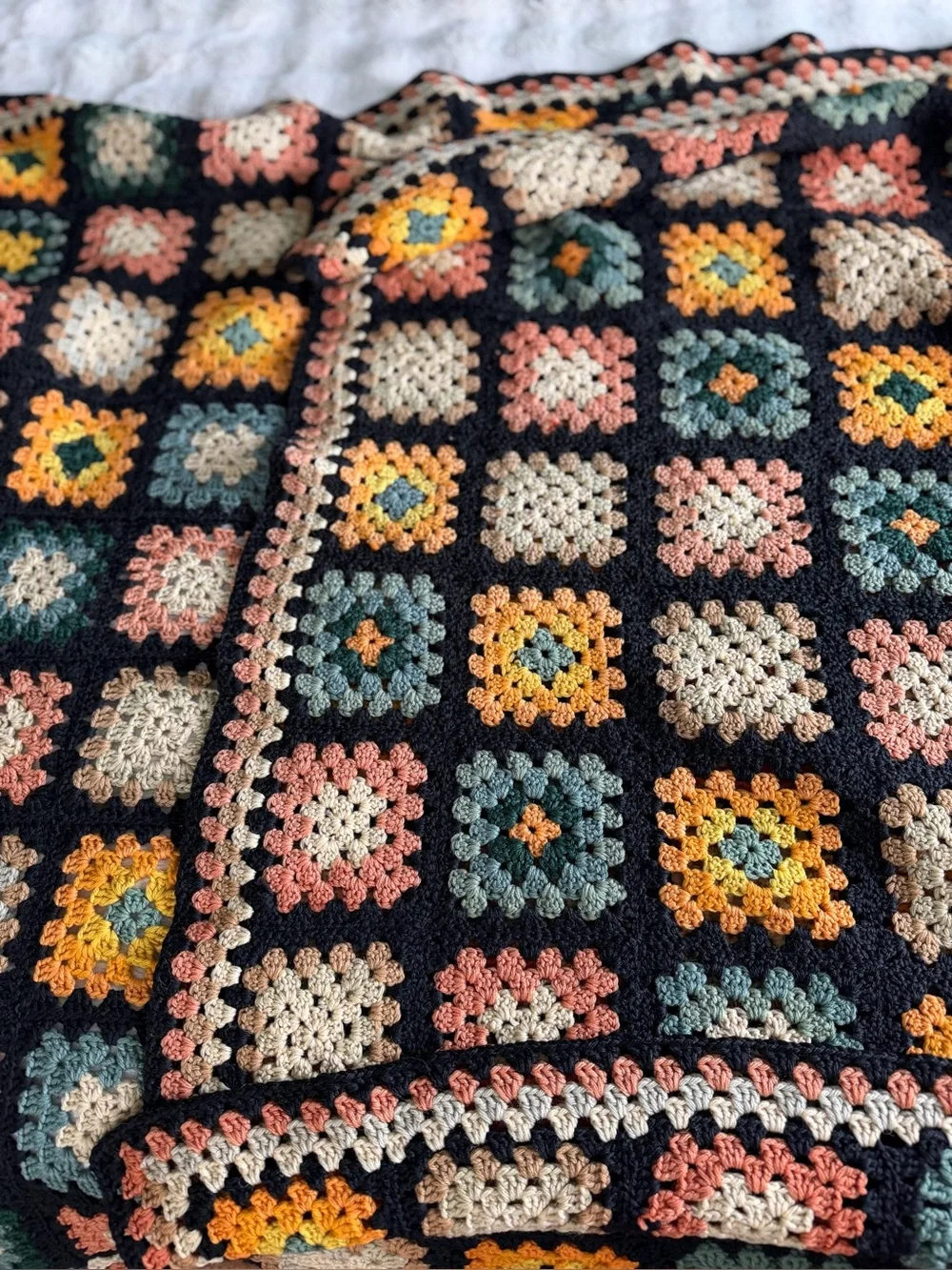 Vintage Handmade Granny Square Crochet Blanket Throw 42 x 64 Boho Retro Afghan